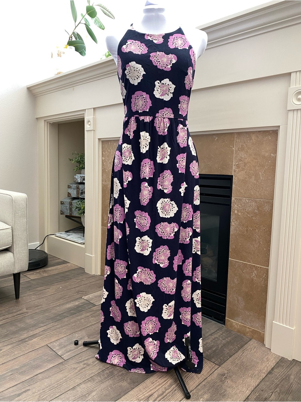 LOFT Navy Maxi Dress with Lilac & Cream Floral Pattern
